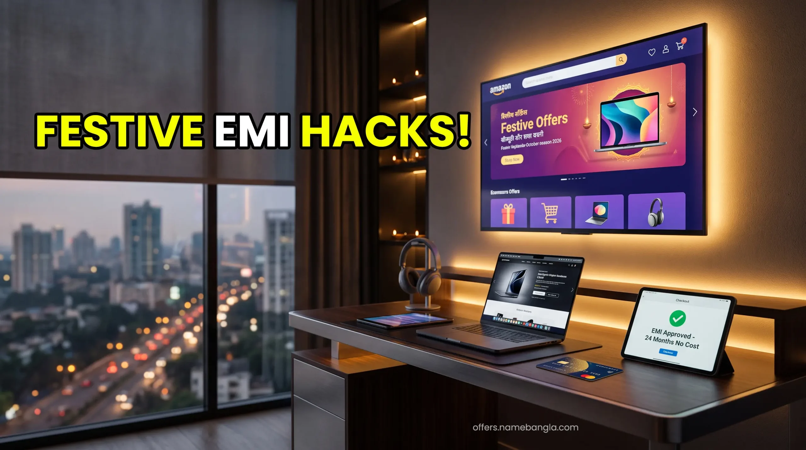 Indian festive tech deals and smart gadget financing setup featuring premium devices