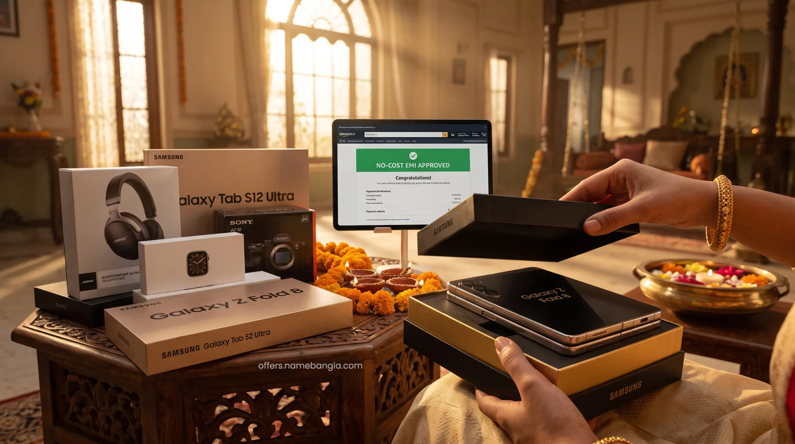 Premium smartphone unboxing with festive credit card cashback interface
