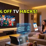 Cinematic 4K OLED Smart TV setup in an Indian home highlighting festive exchange and EMI offers