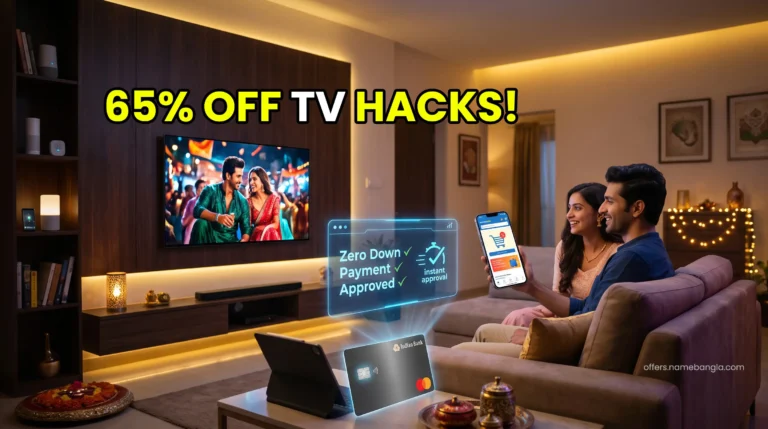 Cinematic 4K OLED Smart TV setup in an Indian home highlighting festive exchange and EMI offers