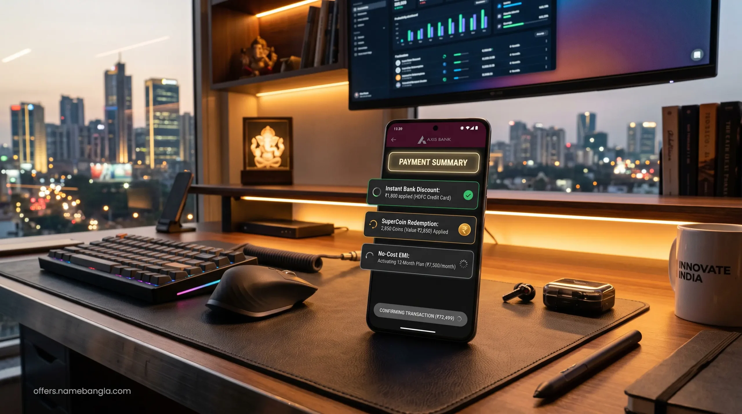 High-end lifestyle shot showing massive financial savings via credit card and reward point stacking